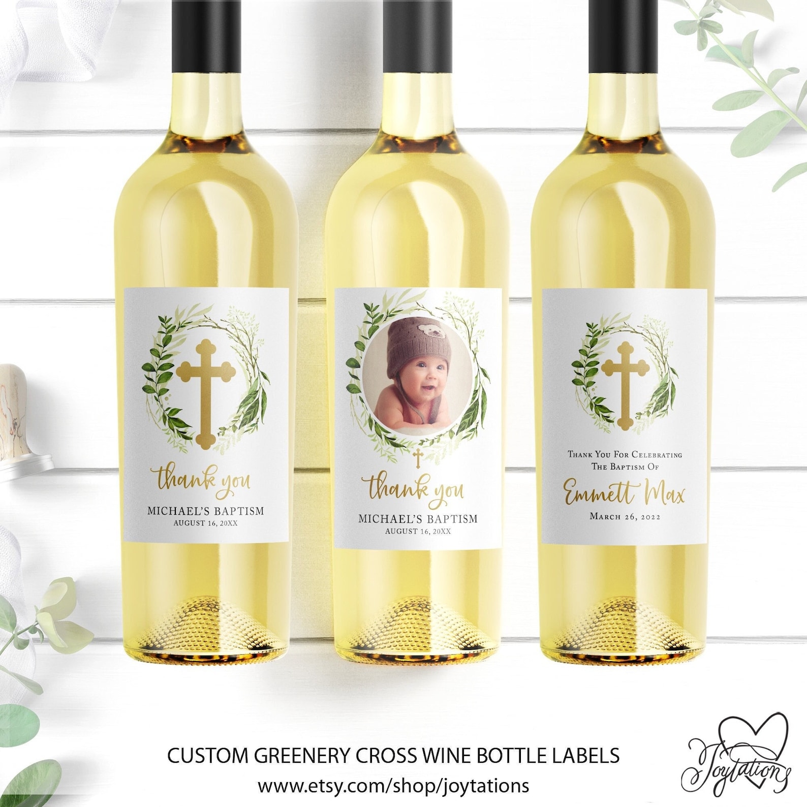 Greenery Baptism Wine Bottle Label Printed or Digital File Etsy
