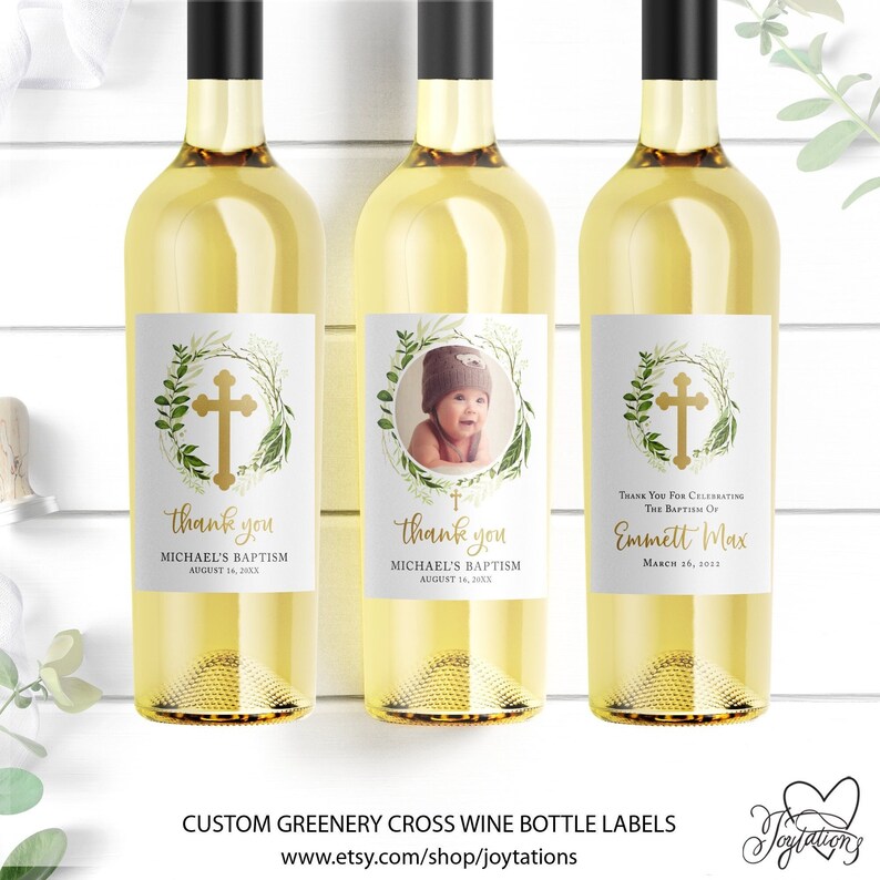 Greenery Baptism Wine Bottle Label Printed or Digital File Etsy