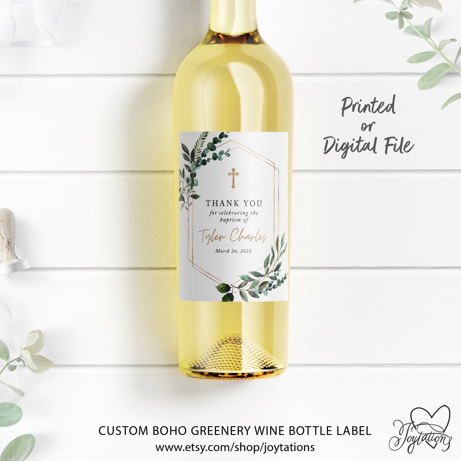 Boho Greenery Baptism Wine Bottle Label Template Printed or Etsy