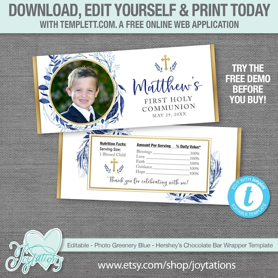 Blue Photo Greenery First Holy Communion Hershey's Chocolate Bar Wrapper Template, Instant Download, Baptism, Confirmation, Printable, 4A Il_570xn