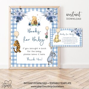 Classic Winnie The Pooh Blue Plaid Books For Baby Card and Sign Template, Bring a Book Card, Book Request Card, Digital, Instant Download,2W