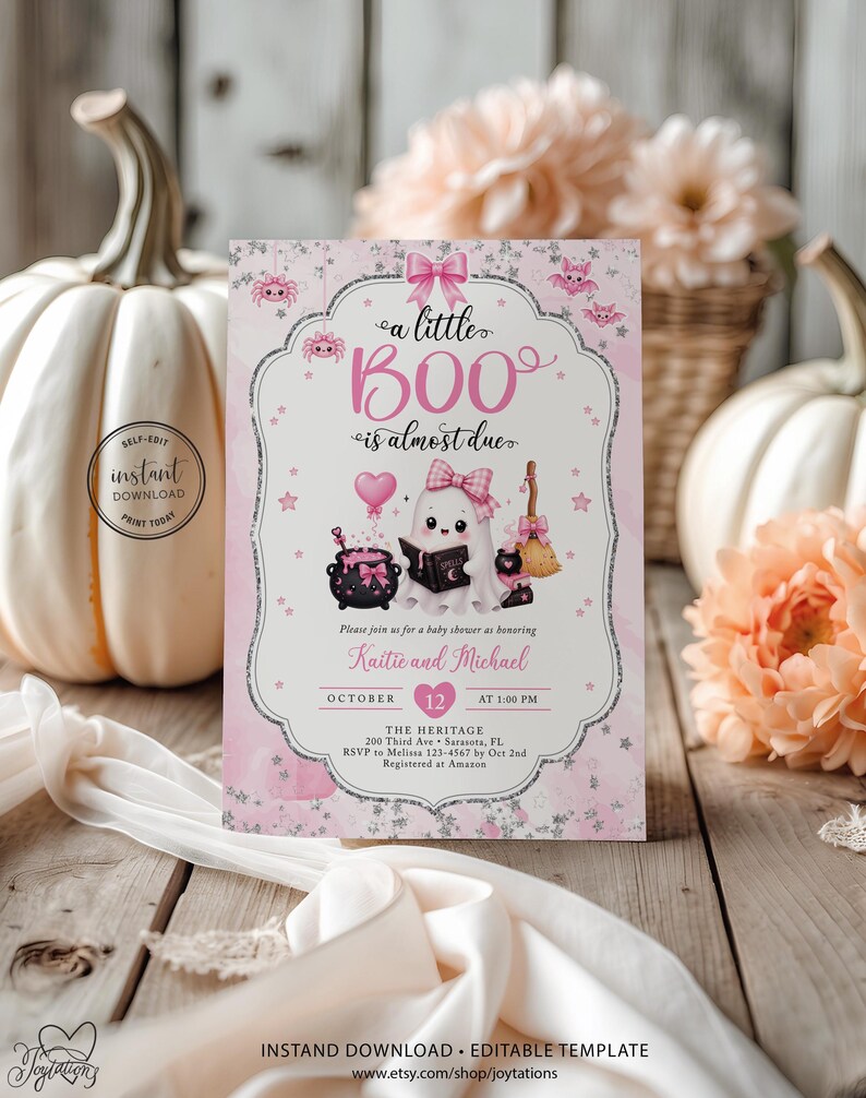 May include: A rectangular baby shower invitation card featuring a pink and white theme with a ghost illustration, a cauldron, a broom, and the text 'a little BOO is almost due'. The design includes pink bows, stars, and bats, with placeholders for names, date, time, and location details.