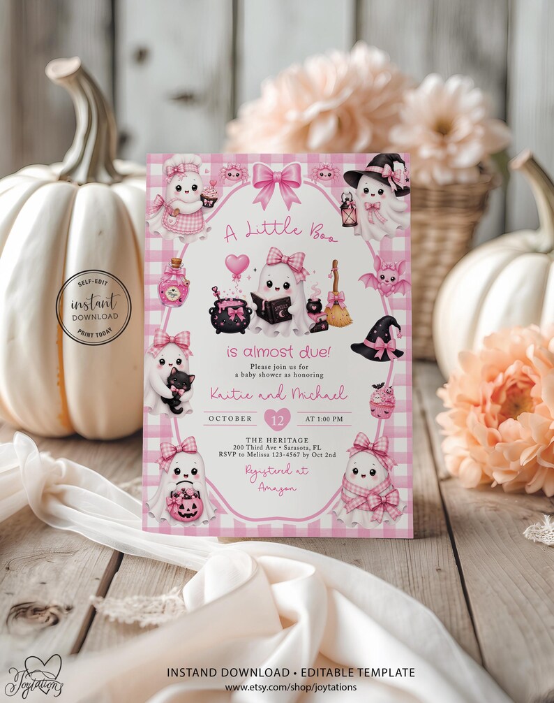 A Little Boo is Almost Due Pink Baby Shower Invite Template, Cute Pink Ghost Invitation For Girl, Baby Girl Halloween Invite Printable, 5H image 10