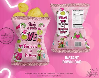 The Grinch Pink She's A Mean One Birthday Chip Bag Template, Pink Grinch First Birthday Chip Bag For Girl, Whoville Birthday Treat Bag, 1G