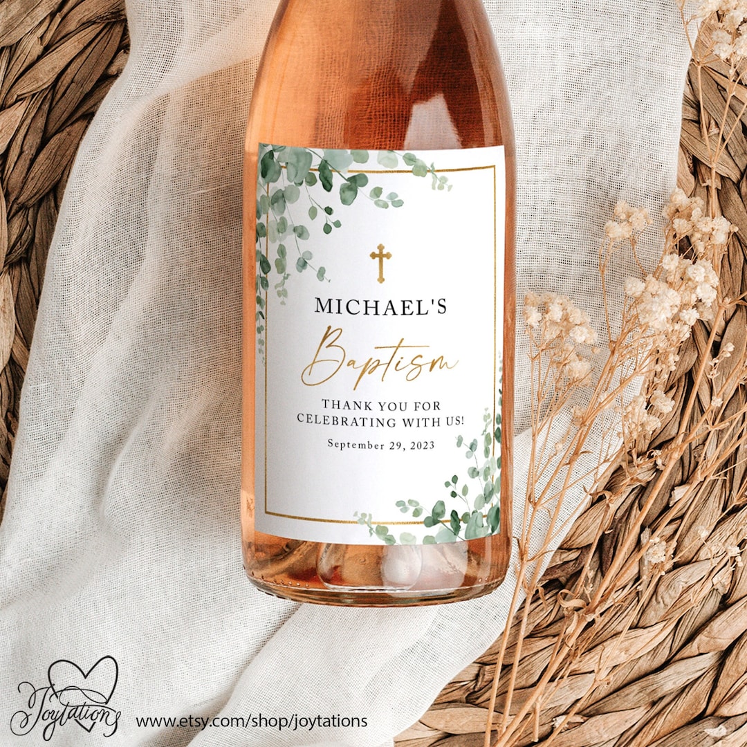 Greenery Baptism Wine Bottle Label Printed, Christening Wine Label, Communion Label