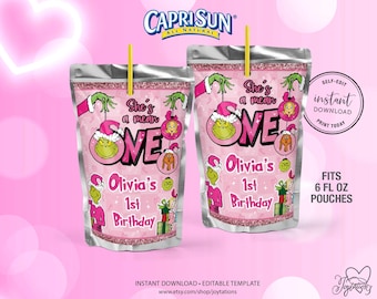 She's A mean One Birthday Capri Sun Label Template, Pink Grinch First Birthday Kool Aid, Grinch Juice Pouch Label Printable, DIGITAL FILE,1G