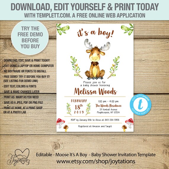 Moose Baby Shower Invitation Template, Woodland Animals, Forest Animals, Baby Shower Invite, Instant Download, Editable Template, Boy, 2M Il_570xn
