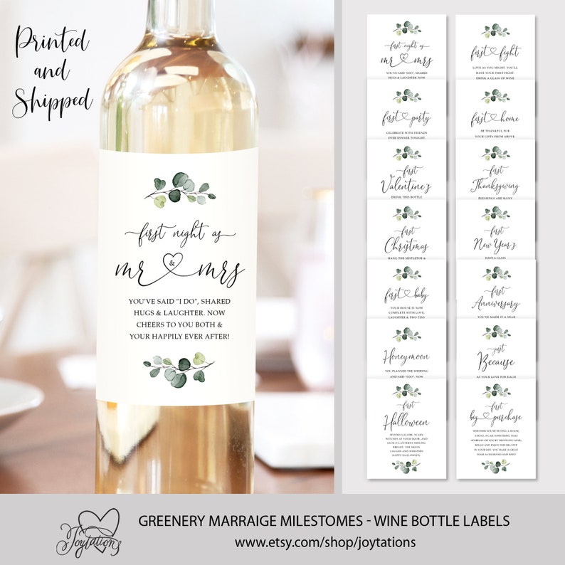 May include: Set of 12 printable wine bottle labels featuring greenery and text for various marriage milestones, such as "First Night as Mr & Mrs", "First Fight", "First Party", "First Home", "First Valentines", "First Thanksgiving", "First Christmas", "First New Years", "First Baby", "First Anniversary", "Honeymoon", "First Halloween", "Because", "First by Purchase".