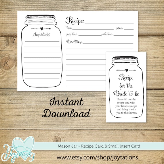 Mason Jar Recipe Card and Insert Card, Instant Download, Bridal Shower Game, Bridal Shower Recipe Card, Rustic, Wedding, 1J Printable, Il_570xn