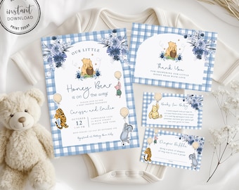 Classic Winnie the Pooh Baby Shower Invitation Bundle Template, Blue Winnie The Pooh Baby Shower Invite For Boy, Diaper Card, Book Card, 2W