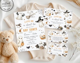 May include: A set of Halloween-themed baby shower invitation templates featuring watercolor ghosts, bats, and pumpkins. The text reads A LITTLE BOO is almost Due, BABY SHOWER, and includes details for Brianna and Andrew on October 14th.