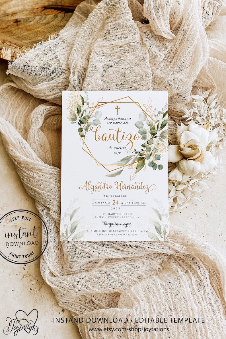 May include: A white card with gold accents and green foliage. The card is an invitation to a baptism for Alejandro Hernandez. The text reads "Acompa&ntilde;anos a ser parte del bautizo de nuestro hijo" and "Septiembre Domingo 24 a las 11:00 am 2024 St. Mary's Church 25 Main Street Beacon, NY Recepci&oacute;n a seguir The Mill House Brewery a las 1:00 pm RSVP Jasmine (914) 423-7598".