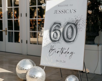 Editable Silver Birthday Party Welcome Sign Template, Printable Birthday Poster, 40th Birthday, 50th, 60th, 70th, 80th, 90th, 2B
