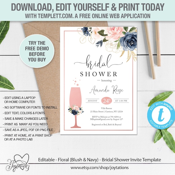 Bridal Shower Invitation Template, Floral, Blush, Navy, Instant Download, Printable, Pink, Flowers, Bridal Brunch, Baby Shower, Garden, 5F Il_570xn