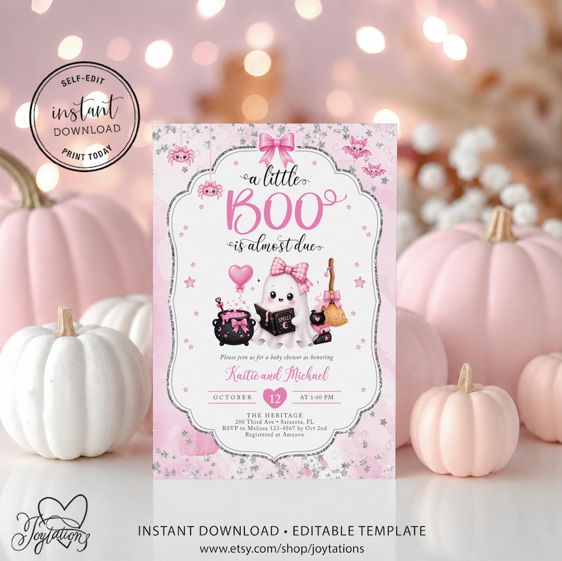 May include: A rectangular baby shower invitation card featuring a pink and white theme with a ghost illustration, a cauldron, a broom, and the text 'a little BOO is almost due'. The design includes silver glitter accents, pink bows, and stars.