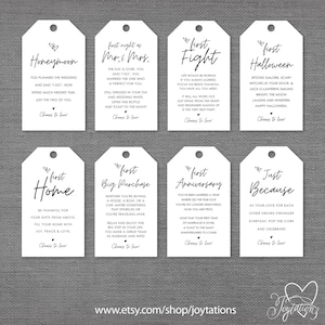 May include: Set of ten white gift tags with black text and illustrations. Each tag features a different milestone or occasion, such as "Honeymoon", "First Night as Mr. & Mrs.", "First Fight", "First Halloween", "First Home", "First Big Purchase", "First Anniversary", and "Just Because".