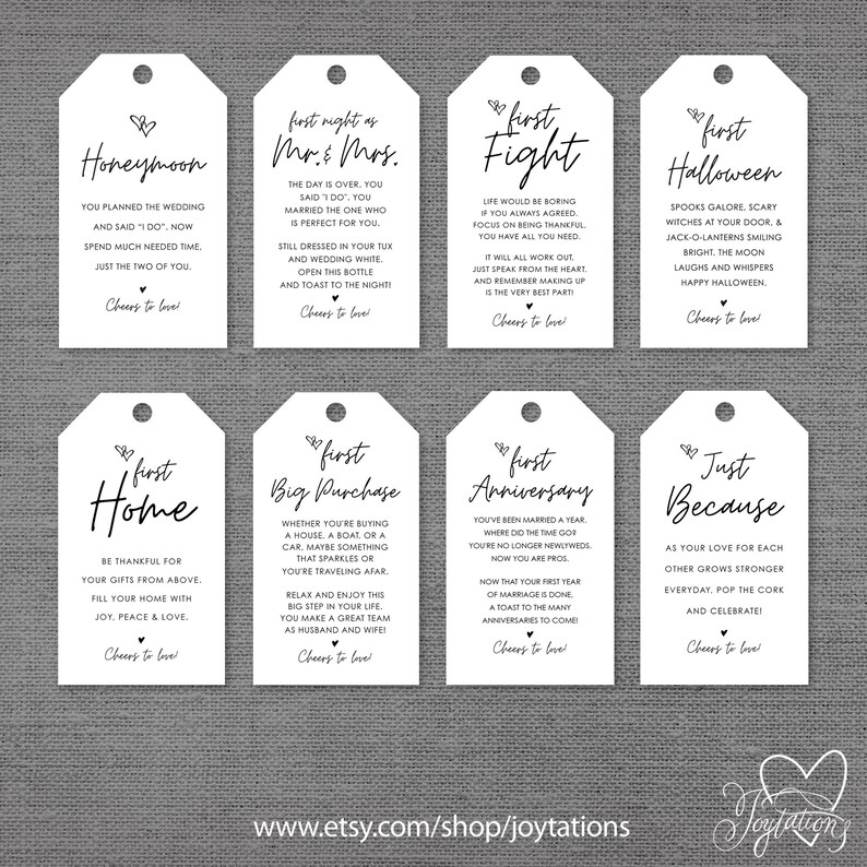 May include: Set of ten white gift tags with black text and illustrations. Each tag features a different milestone or occasion, such as "Honeymoon", "First Night as Mr. & Mrs.", "First Fight", "First Halloween", "First Home", "First Big Purchase", "First Anniversary", and "Just Because".