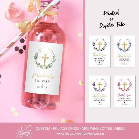 Foliage Baptism Mini Wine Bottle Label, Printed or Digital File, Communion, Confirmation, Party, Favors, Thank You, Cross, Religious, 3W Il_570xn