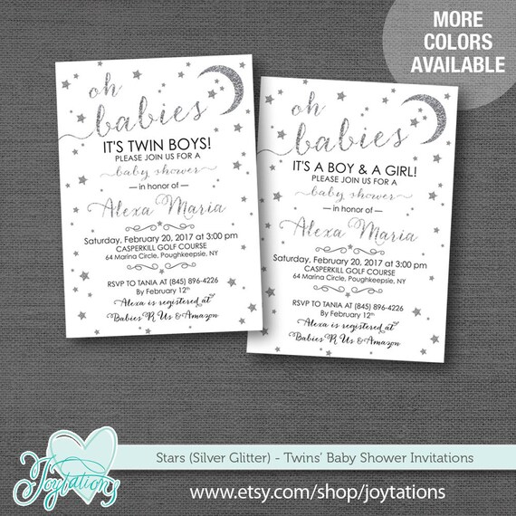 Stars Silver Glitter Twin Baby Shower Invitation Twin Boys Twin Stars Silver Glitter Twin Baby Shower Invitation Twin Boys Twin