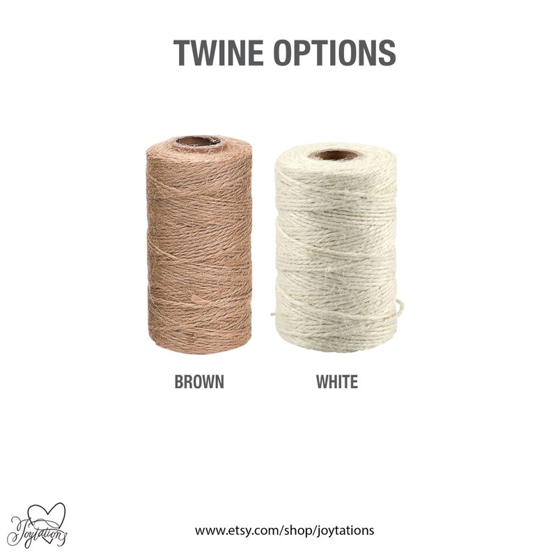 May include: Two spools of twine, one brown and one white, with the text "TWINE OPTIONS" above them and the words "BROWN" and "WHITE" below them.