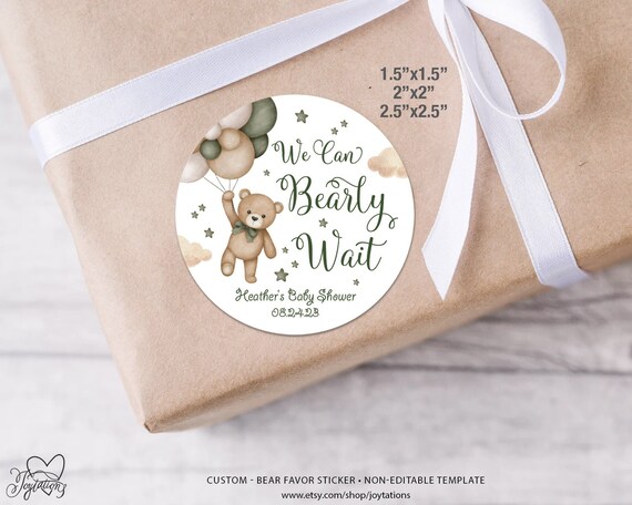 We Can Bearly Wait Baby Shower Stickers Printed, Teddy Bear Baby Shower Stickers, Gender Neutral Bear Baby Shower Stickers, Favor Sticker,7B