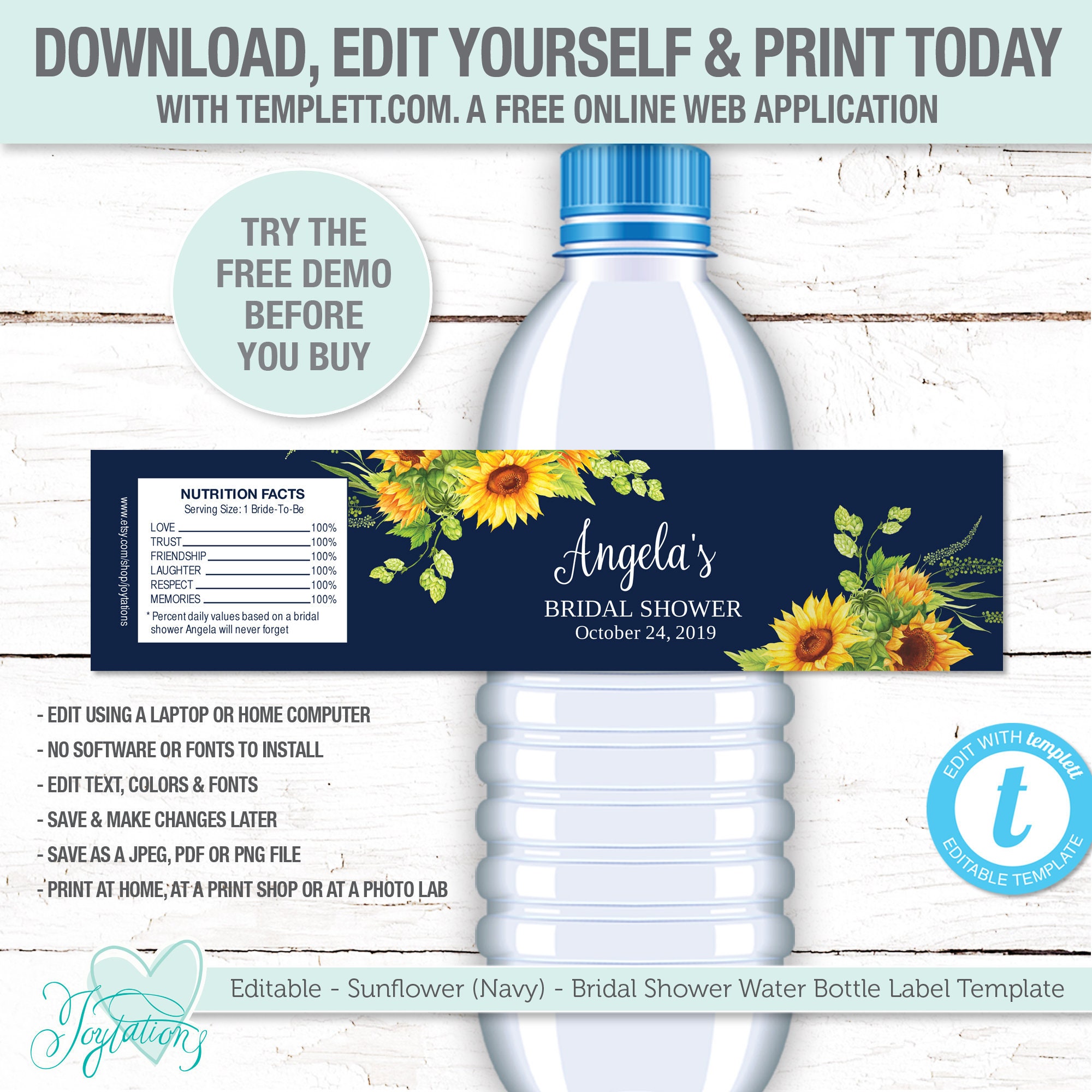 Editable Sunflower Navy Bridal Shower Water Bottle Label - Etsy