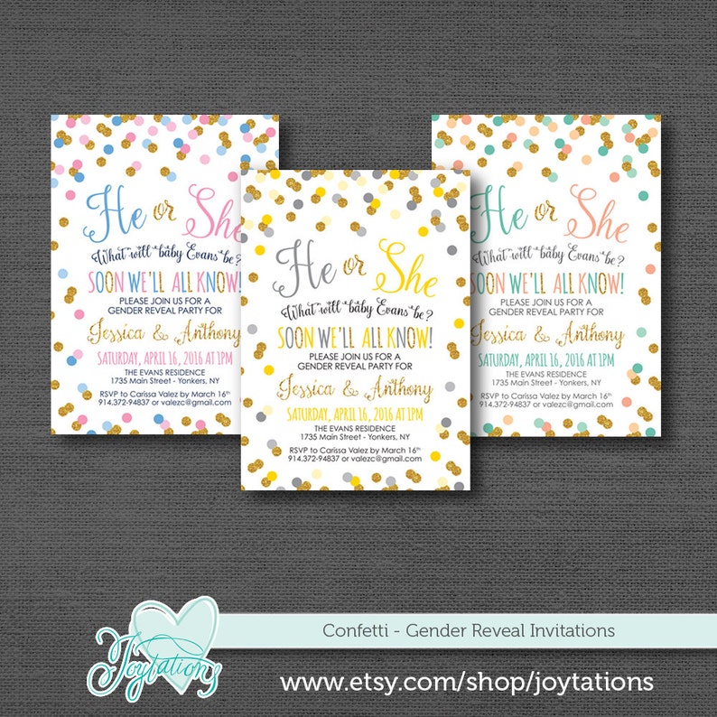 Confetti Gender Reveal Invitation Printable Green Peach and Etsy