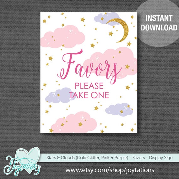 Stars and Clouds Favor Baby Shower Sign Printable Pink Purple and Gold Glitter, Instant Download, Moon, Favor Sign, Baby Shower Decor, 25S Il_570xn