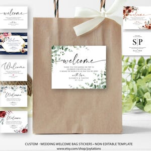 May include: A collection of rectangular wedding welcome bag stickers featuring various floral and botanical designs. Each sticker displays the word welcome in script font, followed by thank you text, space for names, and a date, all on white paper.