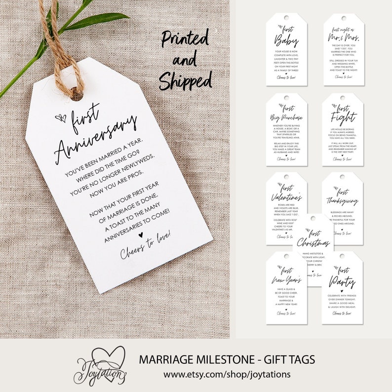 May include: A set of ten white gift tags with black text. Each tag features a different milestone for a couple's first year of marriage, such as "First Baby", "First Fight", "First Thanksgiving", and "First Anniversary". The tags are printed and shipped.