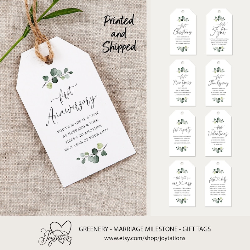 May include: Set of ten printable gift tags with a greenery theme. Each tag features a different milestone, such as "first Christmas", "first anniversary", and "first baby".