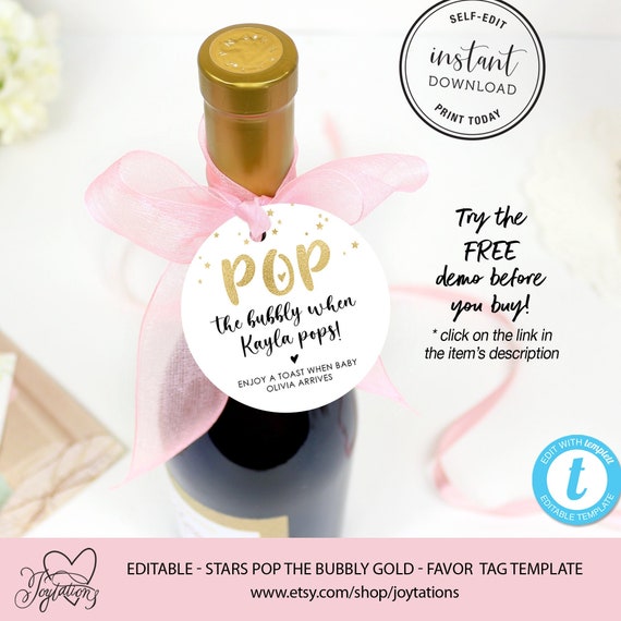 Editable Pop The Bubbly Baby Shower Tag Template, Thank You Tag, Party Favors, Gold, Gift Tag, Boy, Girl, Instant Download, Printable, 3P Il_570xn