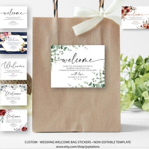 May include: A set of 12 printable wedding welcome bag stickers with various floral and greenery designs. The stickers feature the word "Welcome" in a handwritten font and include the text "Thank you for making the trip to celebrate our special day. It means the world to us that you're here. With love, Elizabeth & Timothy 07.12.23".