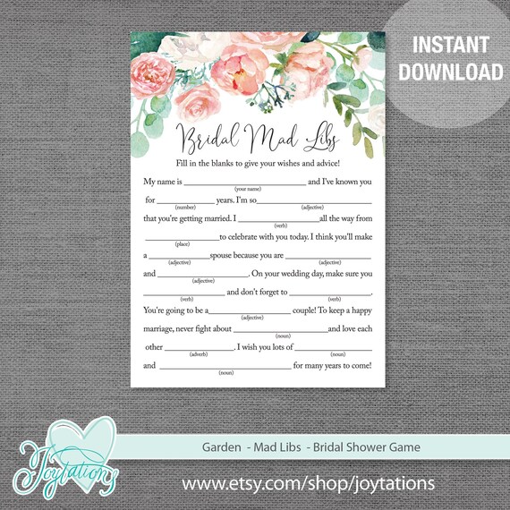 Mad Libs Bridal Shower Game Printable, Instant Download, Garden, Flowers, Floral, Rustic, Bridal Mad Libs, Guest Libs, Flowers, 3G Il_570xn