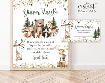 Woodland Animals Diaper Raffle Card and Sign Template, Forest Animals Diaper Insert Card Printable, Baby Shower Game For Boy Gender Neutral