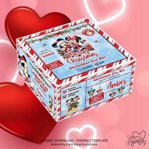 May include: A Christmas Eve box with a festive design featuring Mickey and Minnie Mouse. The box is decorated with red and white candy cane stripes and includes the text "Merry Christmas" and "Christmas Eve Box".