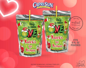 The Grinch Birthday Capri Sun Label Template, He&#39;s A Mean One Grinch Kool Aid, Grinch Juice Pouch Label Printable, DIGITAL FILE ONLY, 1G