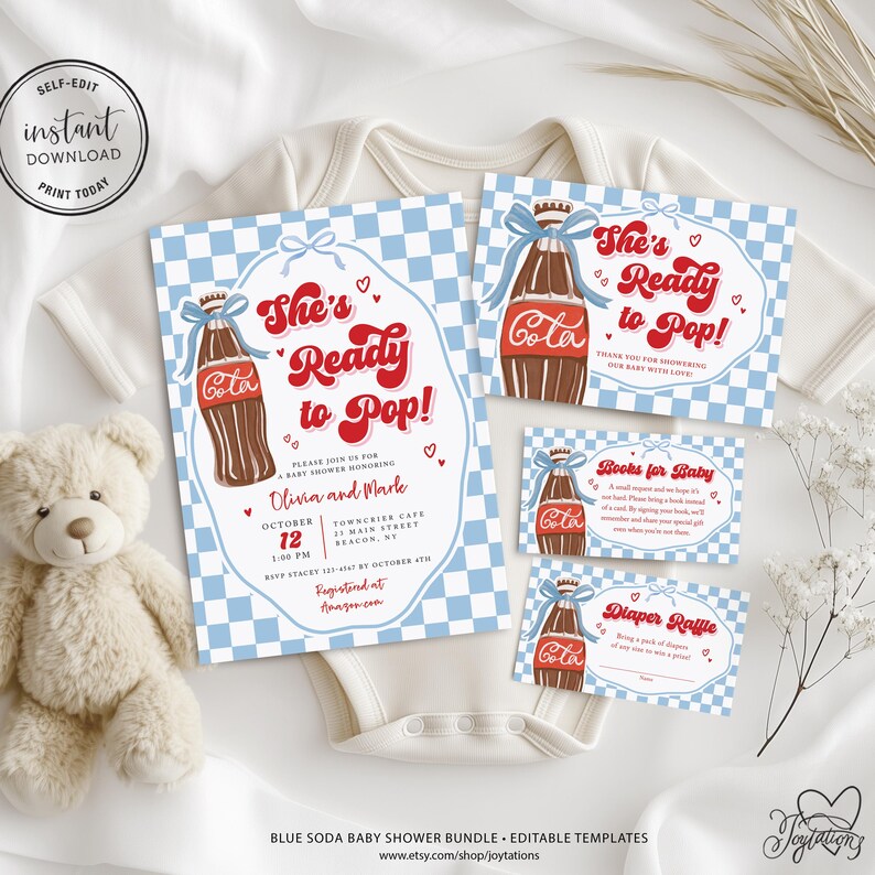 She's Ready to Pop Baby Shower Invite Bundle, Boy Blue Bow Whimsical Vintage Hand Drawn Soda Pop Theme, Soda Pop Boy Baby Shower Ideas, 3C imagen 3