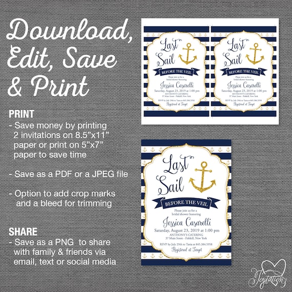 Bay Nautical Bridal Shower Invitation Printed Invite Navy Stripes Cream Mint And Peach With Gold Glitter Anchors