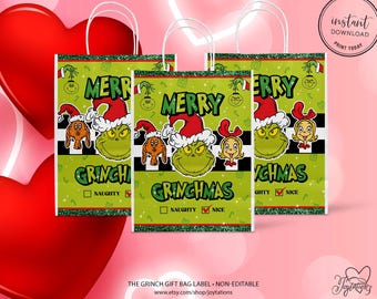 The Grinch Christmas Gift Bag Label Printable, Grinchmas Christmas Goodie Bag Label, 5x7 size - The Grinch Candy Bags, Instant Download, 1G