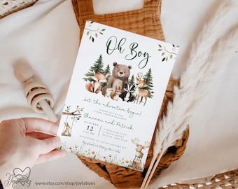 Woodland Animals Baby Shower Invitation Template Printed or Digital File, Forest Animals Baby Shower Invite For Boy or Gender Neutral, 1A