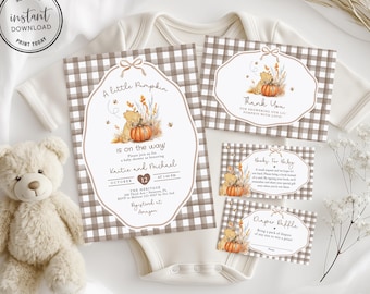 Winnie the Pooh Pumpkin Baby Shower Invitation Bundle Template, Brown Plaid Fall  Pooh Baby Shower Invitation For Boy, Book, Diaper,  1P