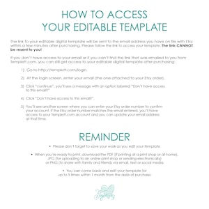 May include: An instructional document titled HOW TO ACCESS YOUR EDITABLE TEMPLATE with black text on a white background. It provides a five-step guide for accessing digital templates via Templett.com, including a reminder to save work and download files.