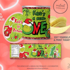 The Grinch He's A Mean One First Birthday Pringles Label, Grinch First Birthday Party Favors, Grinch Birthday Potato Chips, Snack Labels, 1G
