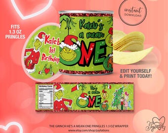 The Grinch He's A Mean One First Birthday Pringles Label, Grinch First Birthday Party Favors, Grinch Birthday Potato Chips, Snack Labels, 1G