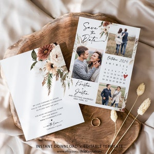 May include: Save the date card with a floral design and a calendar for October 2024. The card features photos of a couple and the text "Kristen & Justin are getting married in New York, NY".