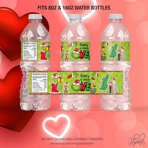May include: Three clear water bottles with custom labels. The labels feature Grinch-themed designs with text that reads "Kate's a mean ONE" and "Birthday Facts". The bottles are designed to fit 8oz and 16oz water bottles.