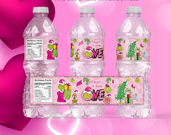 Editable The Grinch She's A Mean One Water Label Template, Pink Grinch First Birthday Water Label, Custom Grinch Birthday Water Label, 1G