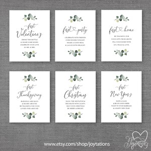 May include: Set of six printable cards with a watercolor eucalyptus design. Each card features a different holiday: Valentine's Day, a party, a first home, Thanksgiving, Christmas, and New Year's. The cards include text with holiday greetings.
