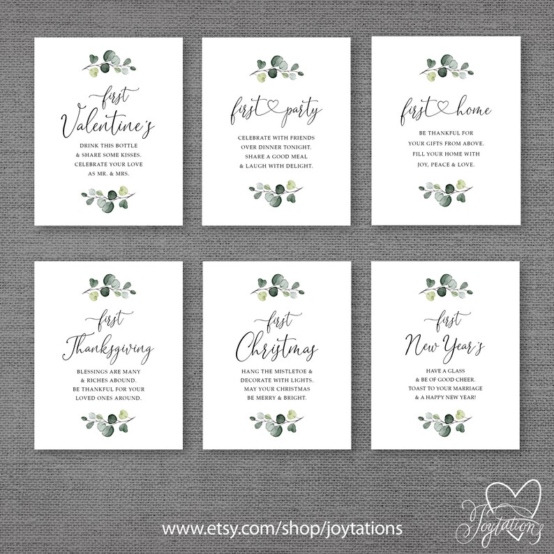 May include: Set of six printable cards with a watercolor eucalyptus design. Each card features a different holiday: Valentine's Day, a party, a first home, Thanksgiving, Christmas, and New Year's. The cards include text with holiday greetings.
